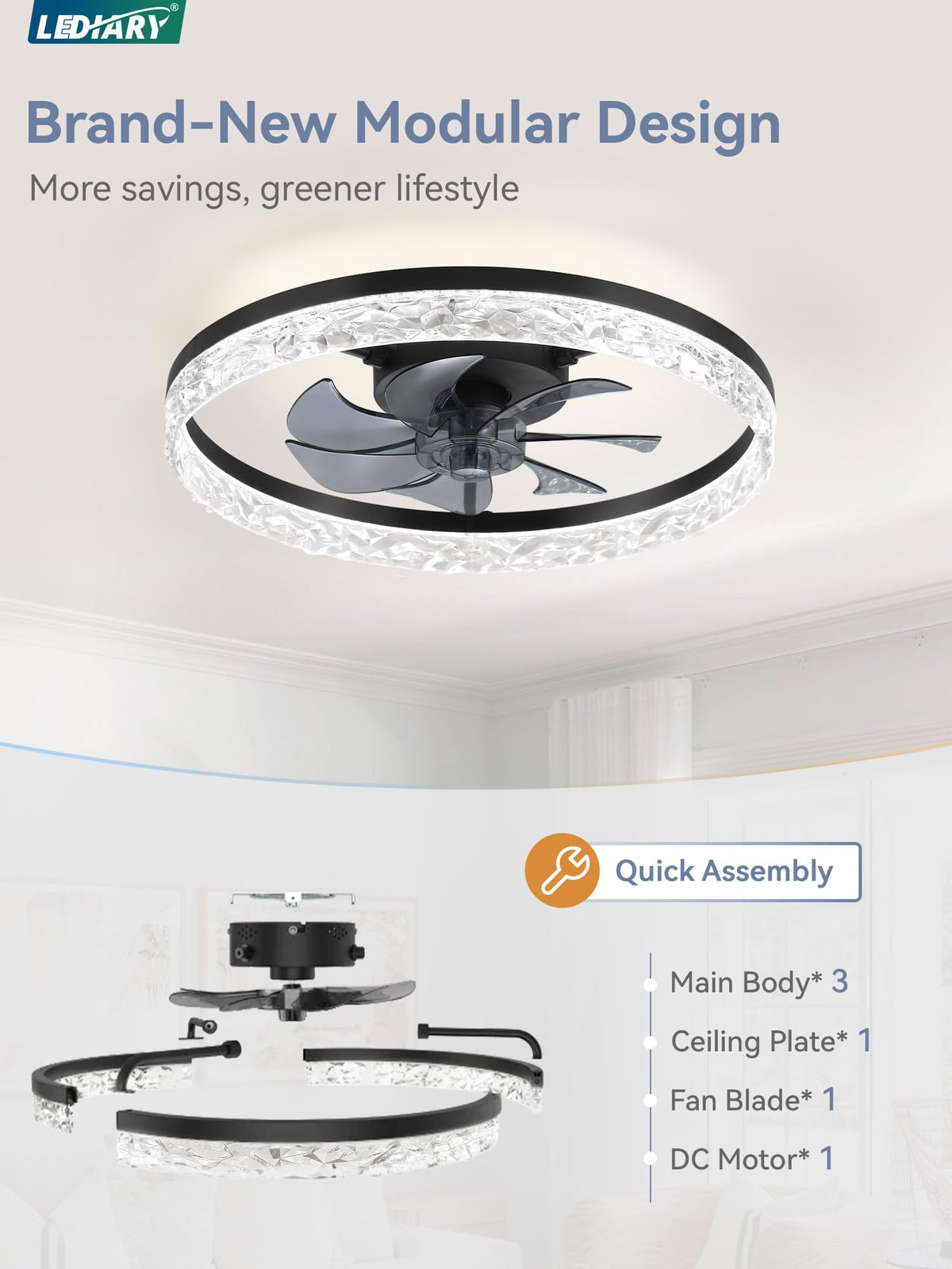 LEDIARY 20" Modern Ceiling Fans with Lights and Remote, White Fandelier