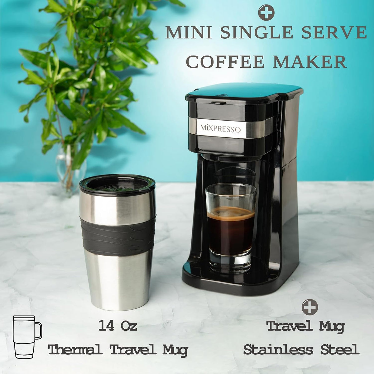 Mixpresso Single Serve & Single Cup Coffee Maker with 14oz Travel Mug Black