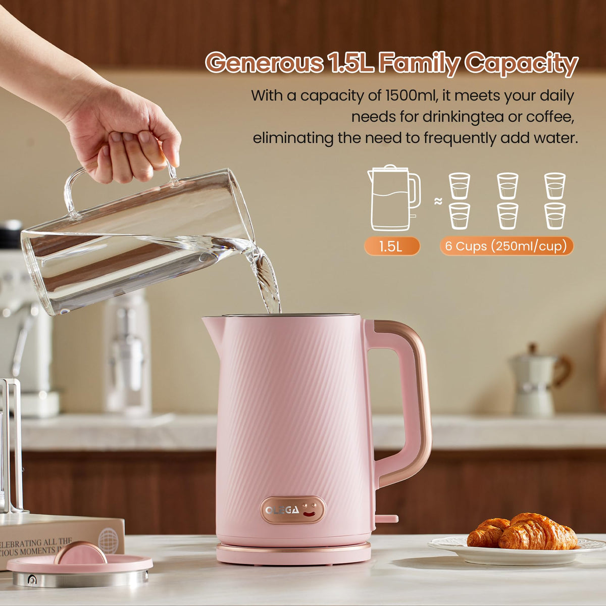 OLEGA Electric Kettle: 1200W Fast Boil Electric Water Kettles, 1.5L Double Wall Stainless Steel Tea Kettle, Auto Shut-Off, BPA-Free Hot Water Boiler Teapot for Coffee & Tea -Ligth Green