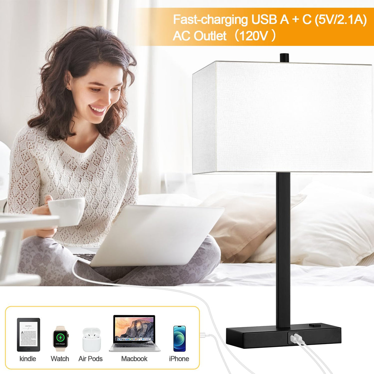Lynnoland Set of 2 Touch Control Table Lamps with 2 USB & AC Outlet, 3-Way Dimmable Bedside Nightstand Lamps for Bedroom Living Room Nursery, 800 Lumens 5000K Daylight Bulbs Included