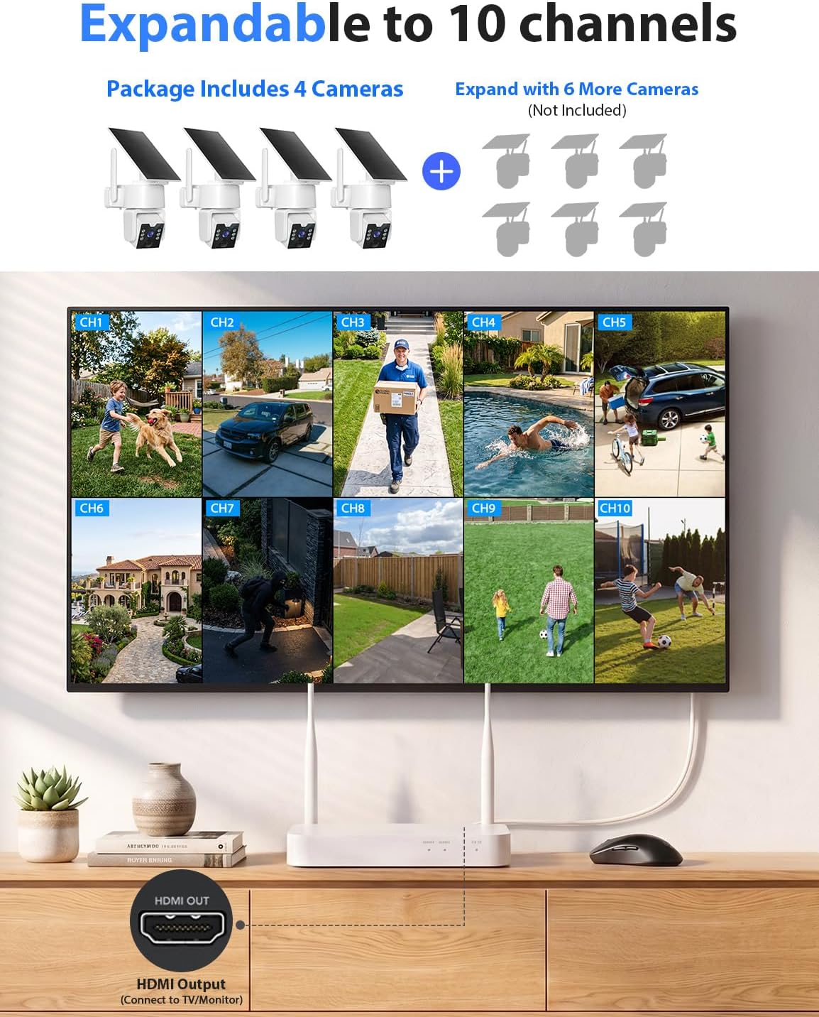 No Monthly Fee Solar Security Cameras Wireless Outdoor, home security systems,500GB HDD nvr security camera system No Subscription, 2.4G & 5G WiFi,2-Way Audio, 4MP, Color Night Vision, 360° View