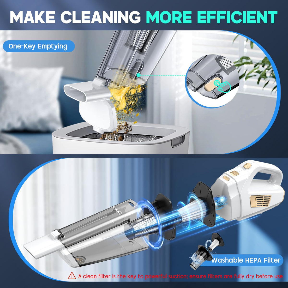 CKIKH Handheld Vacuum Cordless, 15000PA Hand Held Car Vacuum Cleaner