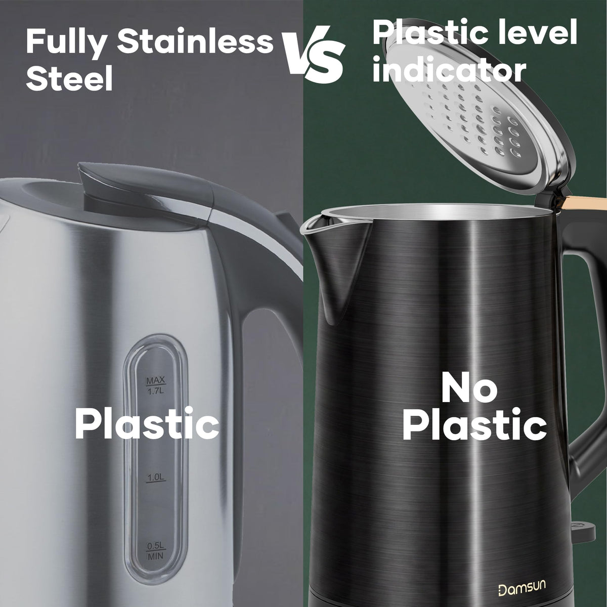Damsun 1.7L Stainless Steel Electric Kettle, 1500W Rapid Boil, Black
