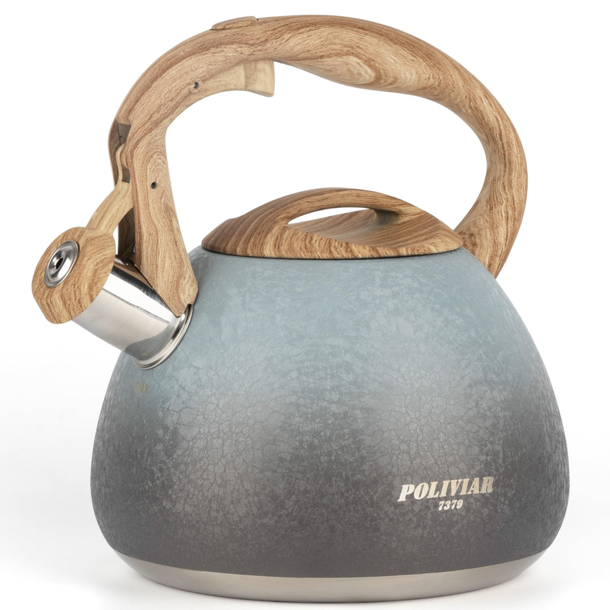 POLIVIAR Tea Kettle, 2.7 Quart Natural Stone Finish with Wood Pattern Handle Loud Whistle Food Grade Stainless Steel Teapot, Anti-Hot Handle and Anti-Rust, Suitable for All Heat Sources (JX2018-GR20)