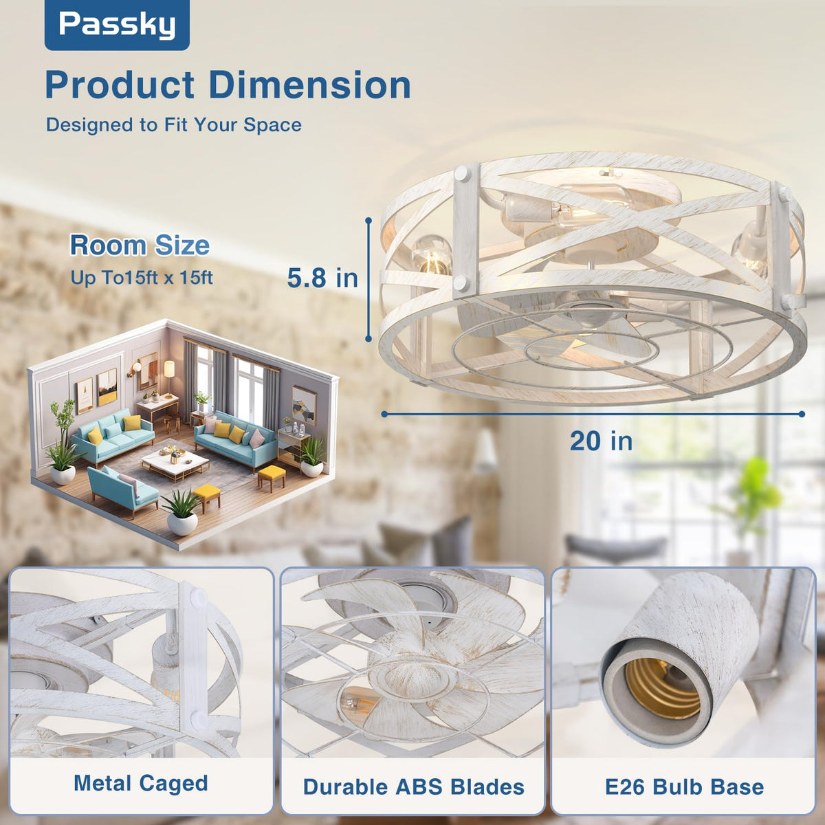 Passky 20" Caged Ceiling Fans with Lights and Remote, Low Profile Fandelier