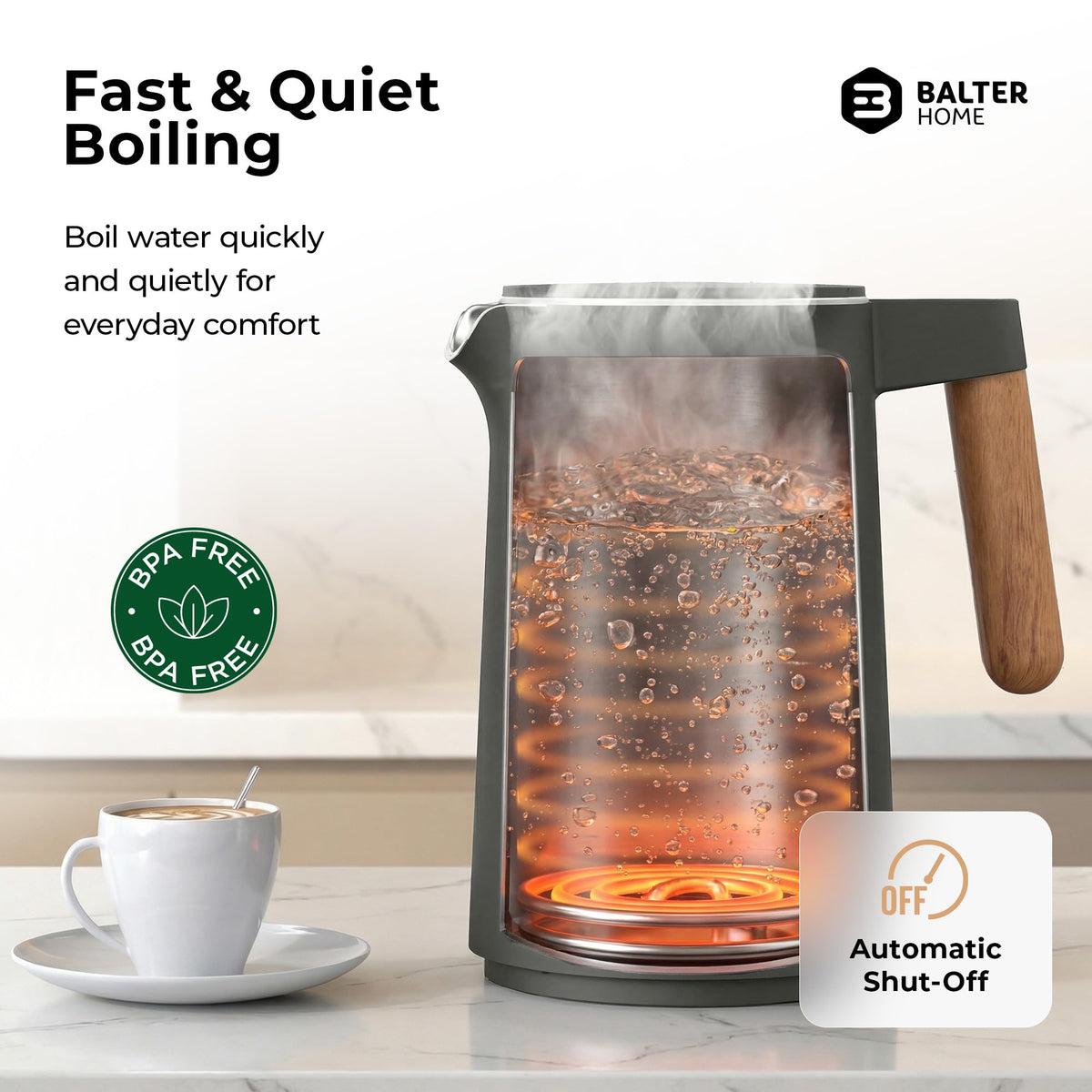 BALTER Electric Kettle with Temperature control, 113 °F – 212 °F, Tea pot, Stainless steel, double wall water kettle, BPA-free, 1.5 L, Black