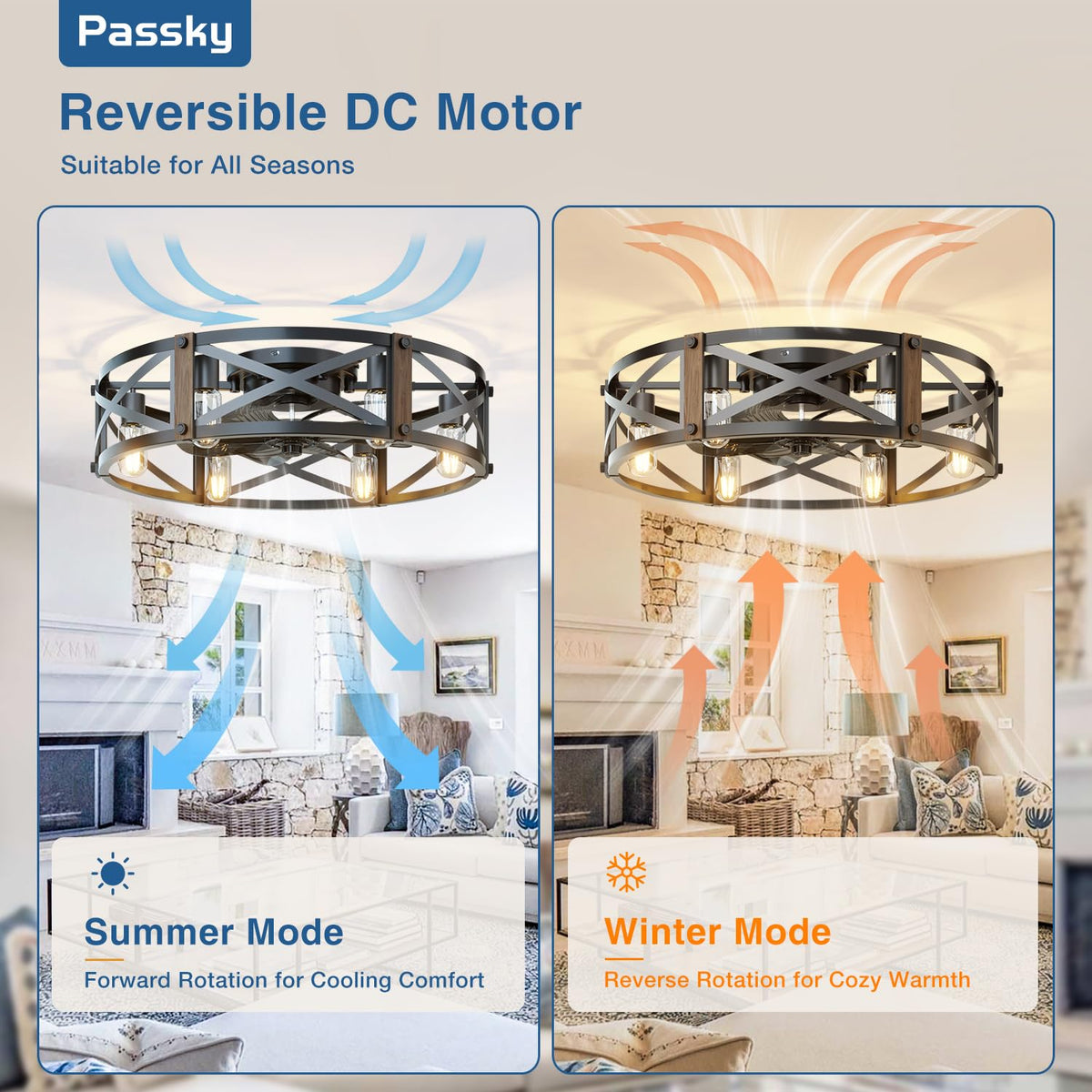 Passky 20" Caged Ceiling Fans with Lights and Remote, Low Profile Fandelier
