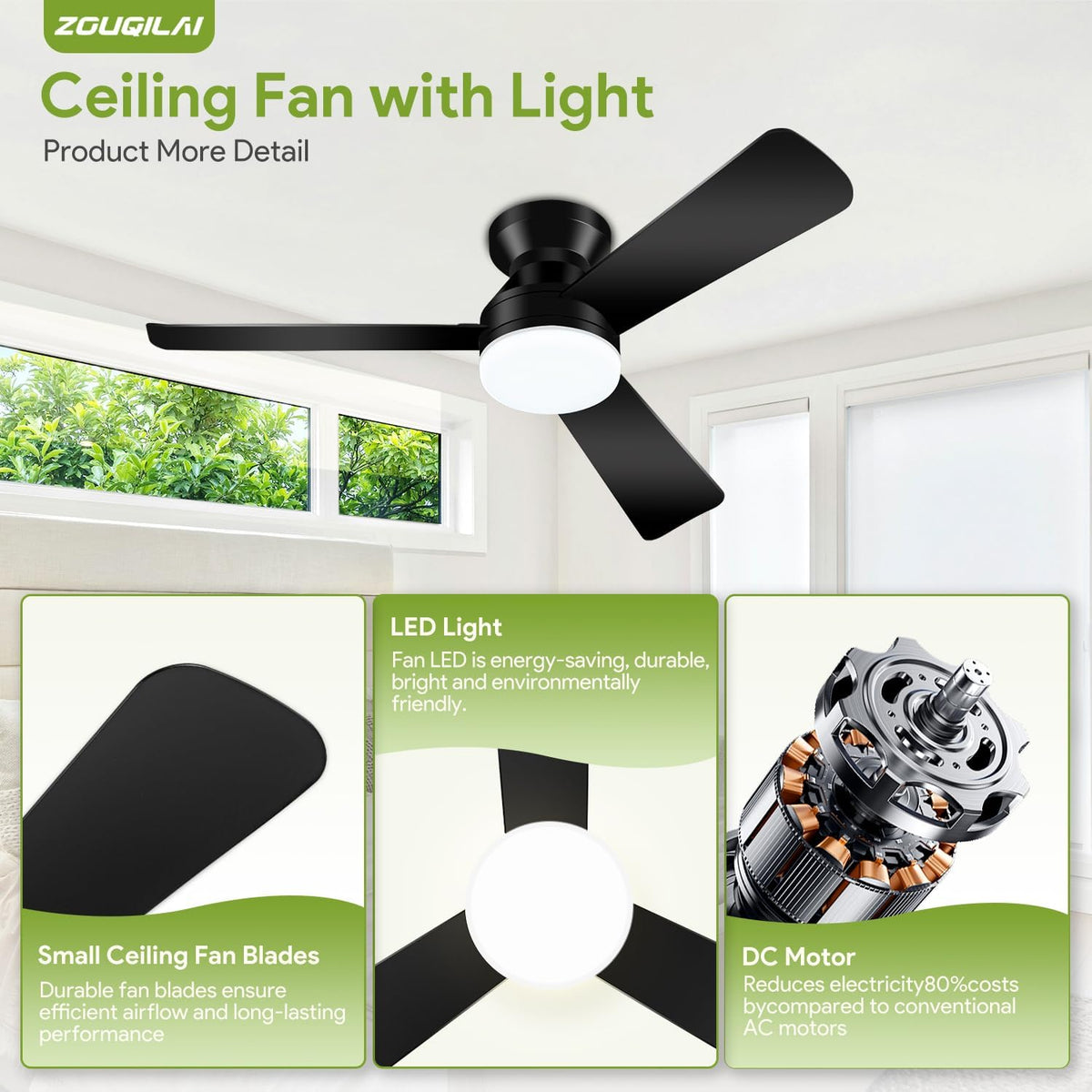 42'' Black Low Profile Ceiling Fans with Lights and Remote Control