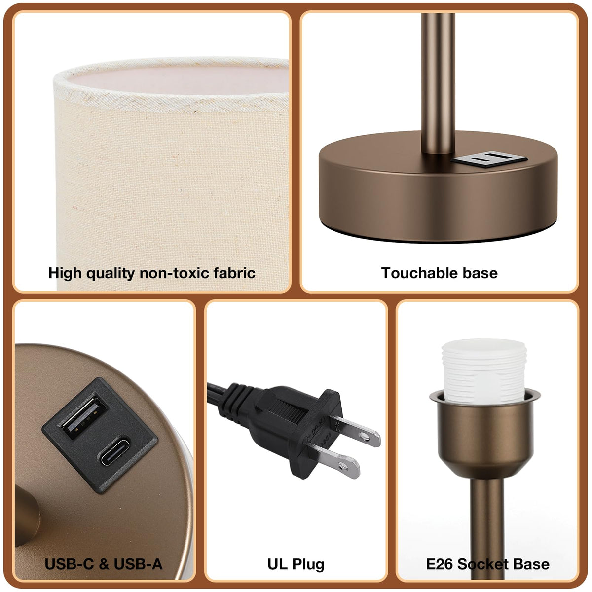 Dicoool Bedside Table Lamp for Bedroom - 3-Way Dimmable Touch Lamp, USB A+C