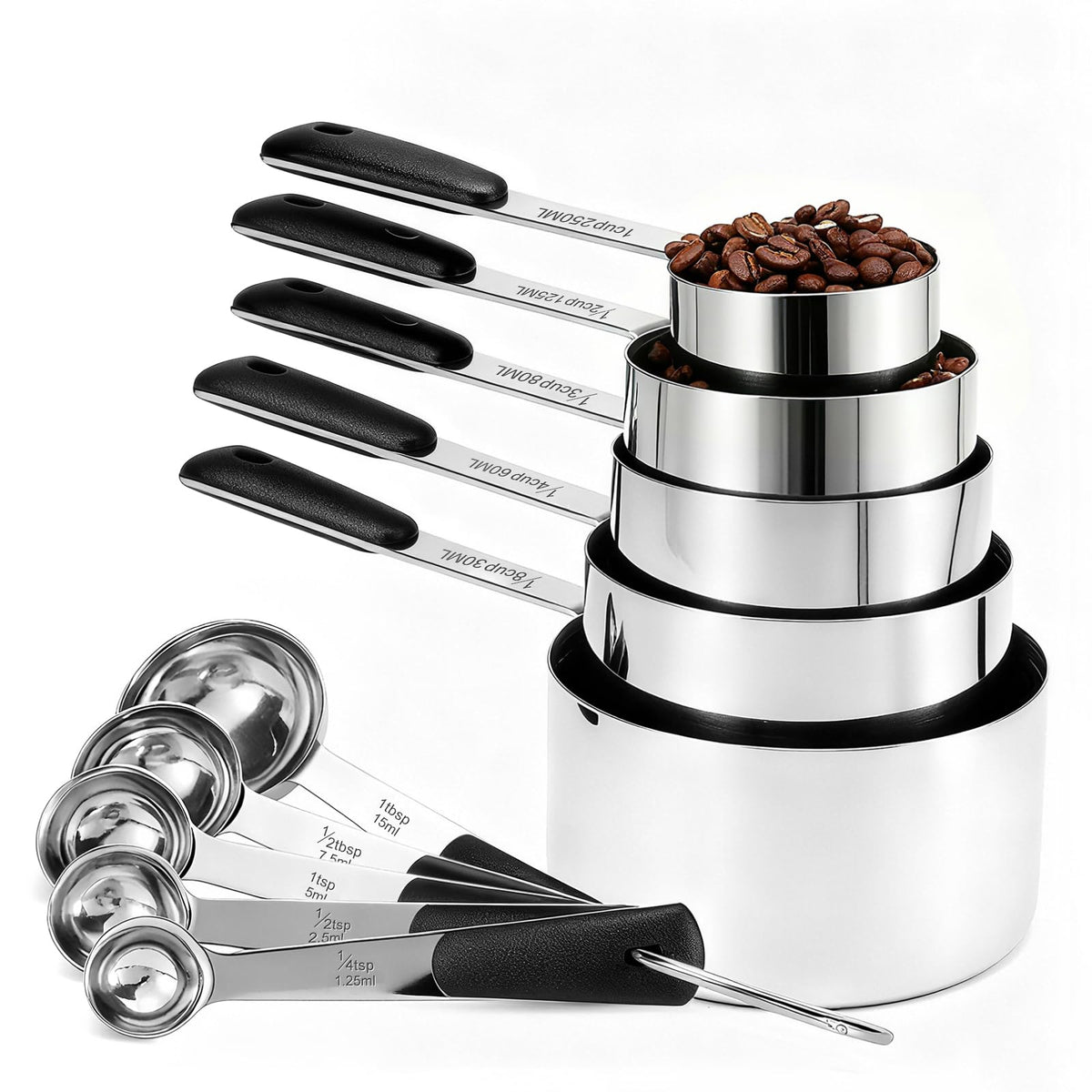 10-Pcs Stainless Steel Measuring Cups & Spoons Set, Colorful Handles