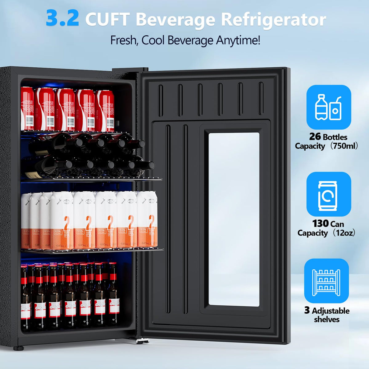 Electactic Mini Fridge 130 Can Beverage Refrigerator Cooler, 3.2 Cu.Ft Drink Fridge forSoda Wine Beer, Digital Temperature Control Cooler for Home, Dorm, Bar
