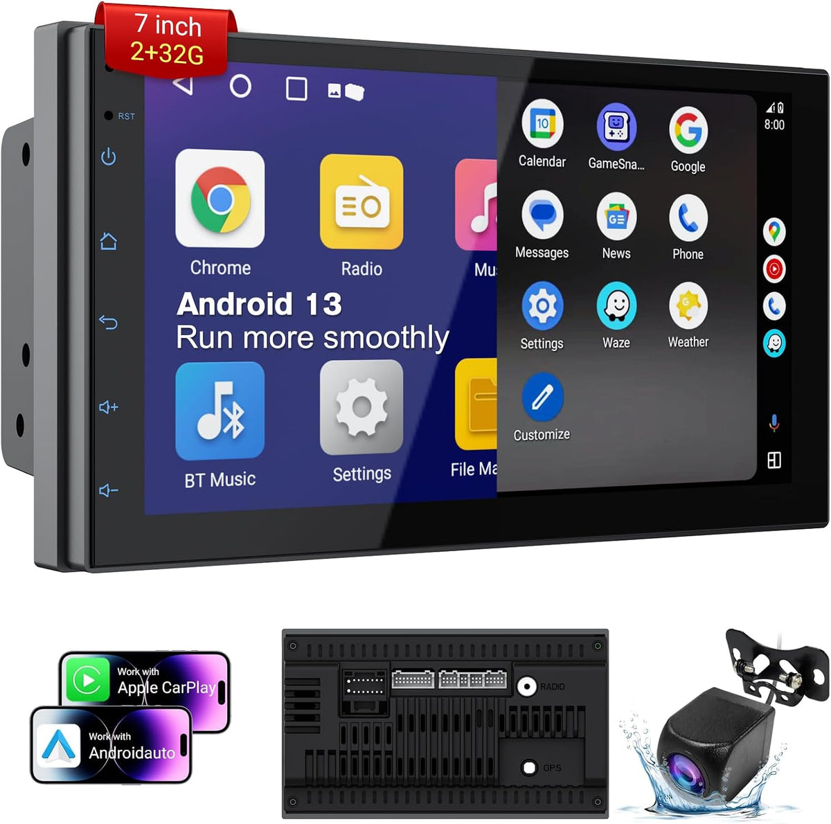 Haudio 7 Inch Double Din Car Stereo with Wireless Apple CarPlay & Android Auto, 2+32G Android 13 Car Radio, Bluetooth, GPS Navigation, FM AM RDS, IPS Touchscreen, Backup Camera Ready