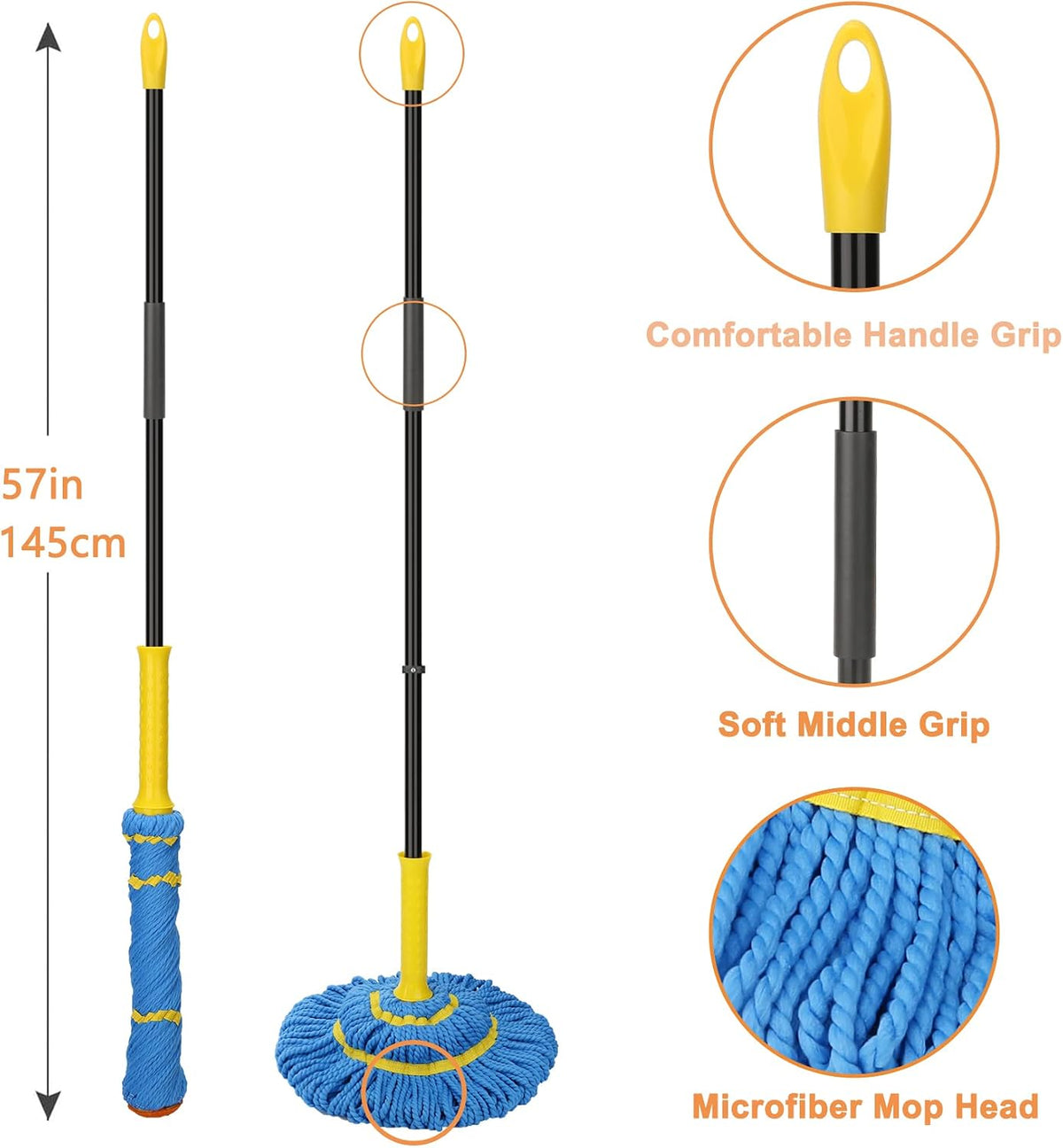 Self-Wringing Twist Mops for Floor Cleaning, Microfiber Floor mop with 57 " Long Handle, Easy Wringing Mop for Hardwood Commercial Household Clean