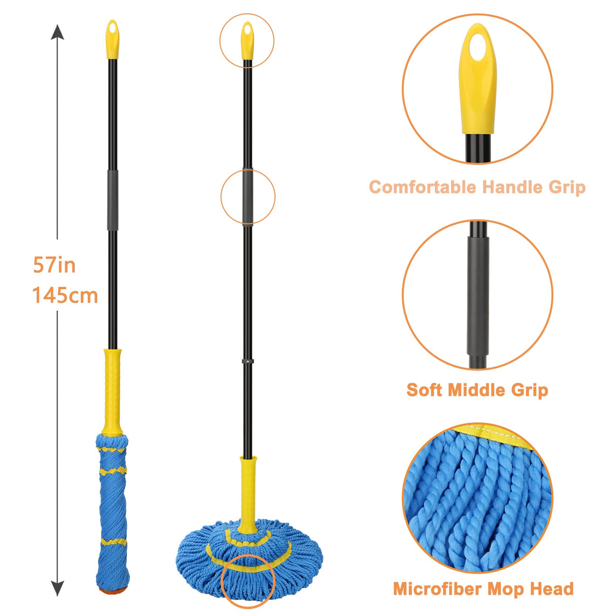 Self-Wringing Twist Mops for Floor Cleaning, Microfiber Floor mop with 57 " Long Handle, Easy Wringing Mop for Hardwood Commercial Household Clean