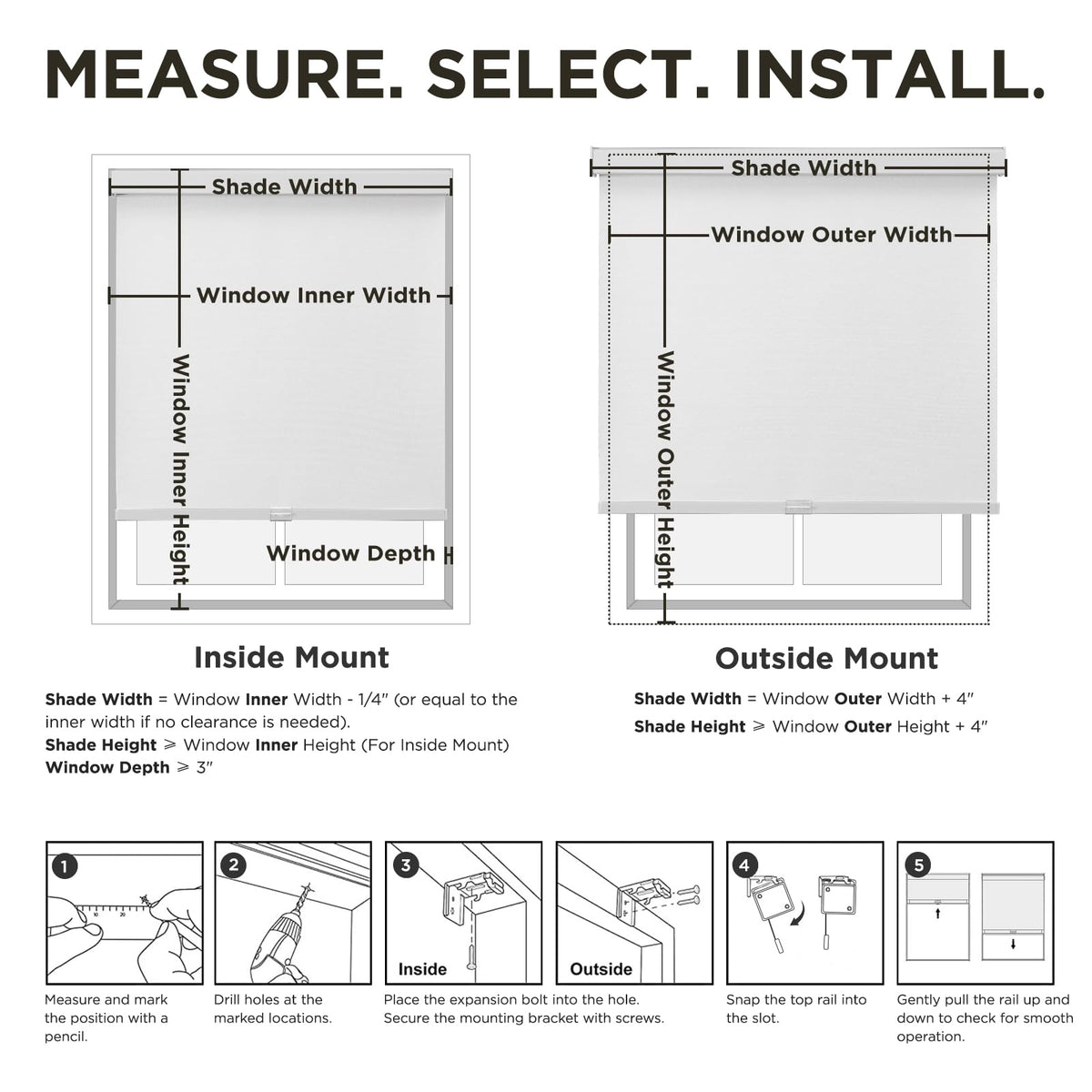 Joydeco Blackout Roller Shades for Indoor Windows, 35" W x 75" H, White