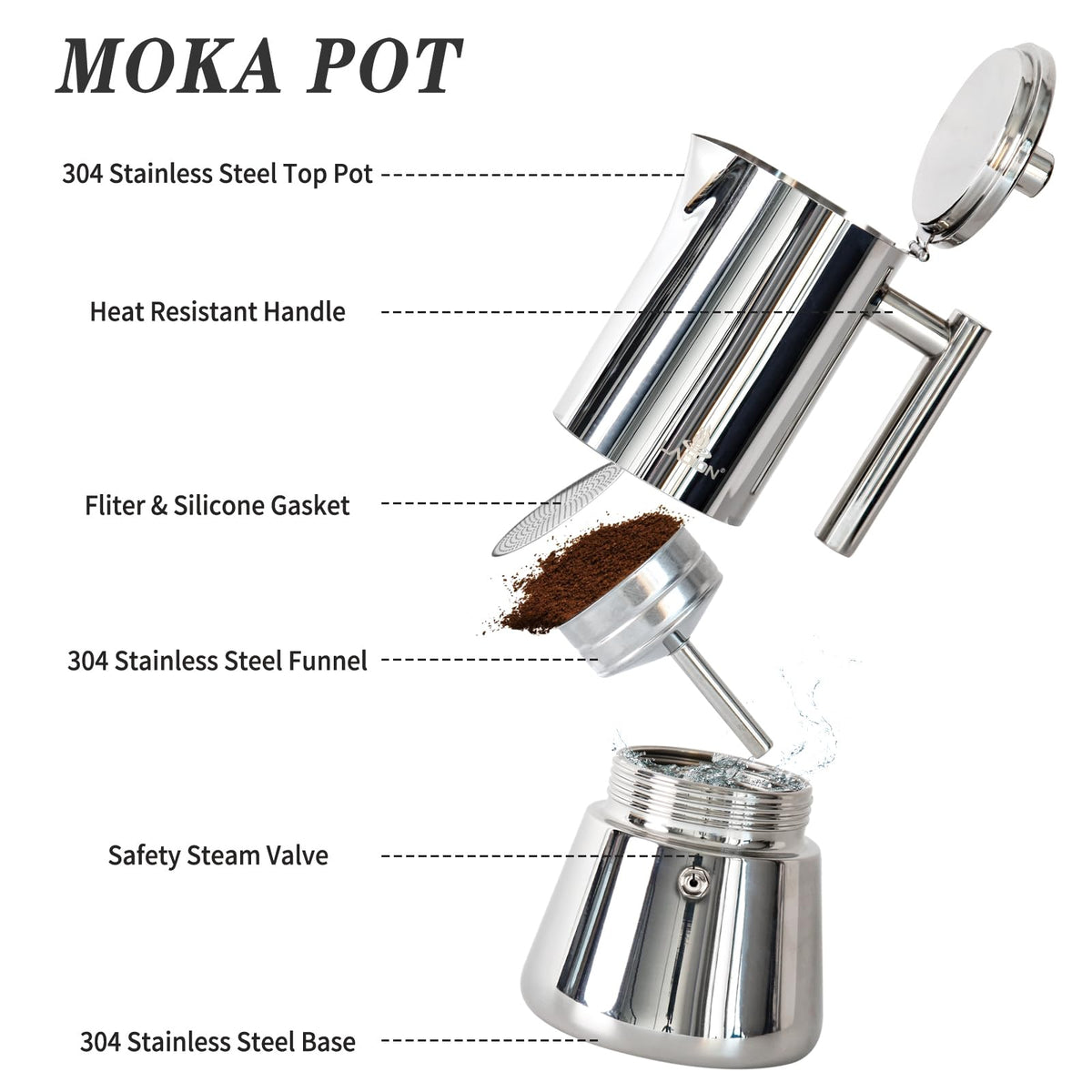 LAOION Stovetop Espresso Maker, 6Cup 10 oz Moka Pot, Stainless Steel