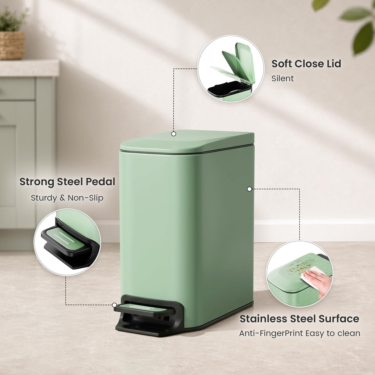 Cesun Small Bathroom Trash Can with Lid, 1.6 Gal, Soft Close, Matte Black