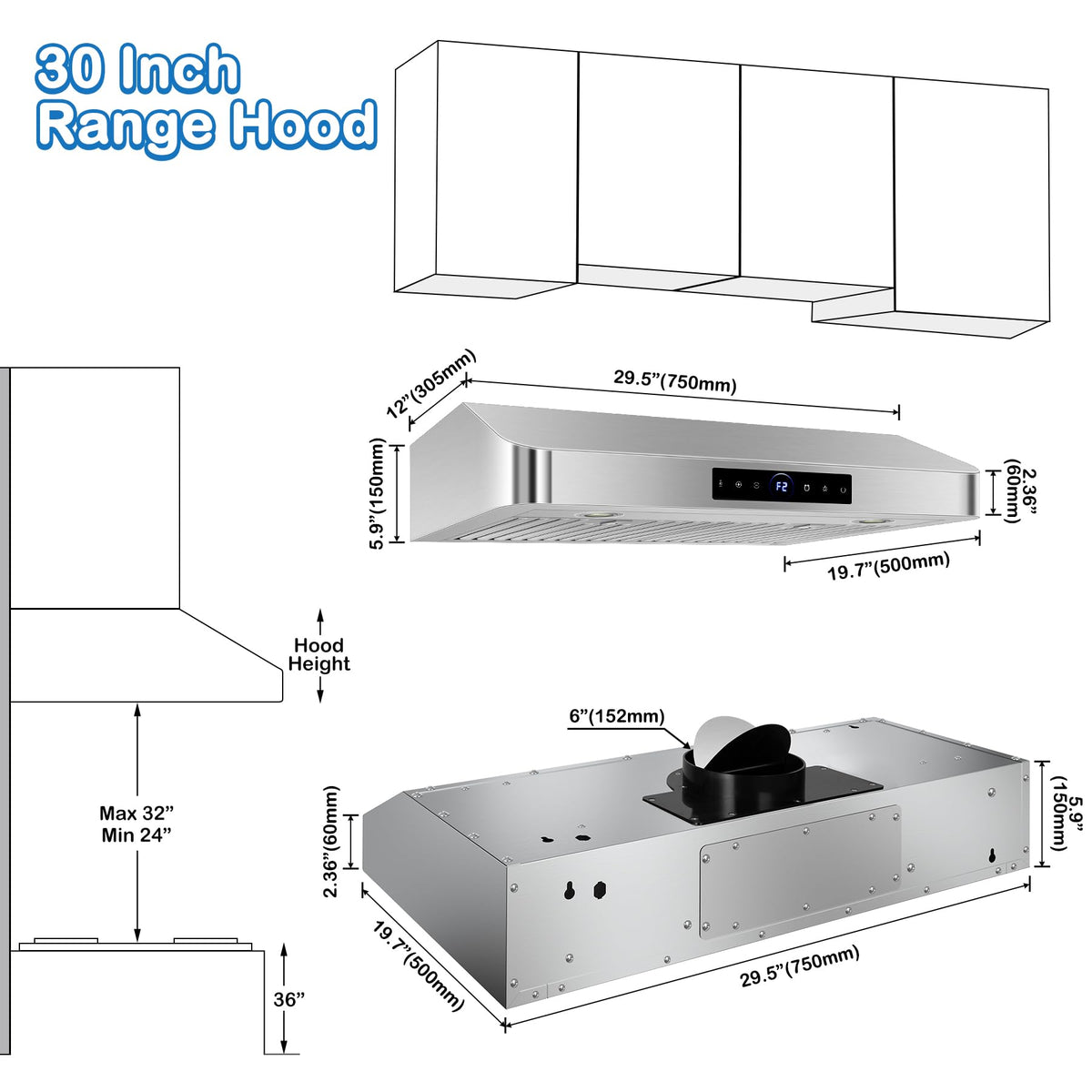 30 inch Under Cabinet Range Hood 1200 CFM Stainless Steel Vent Hoods