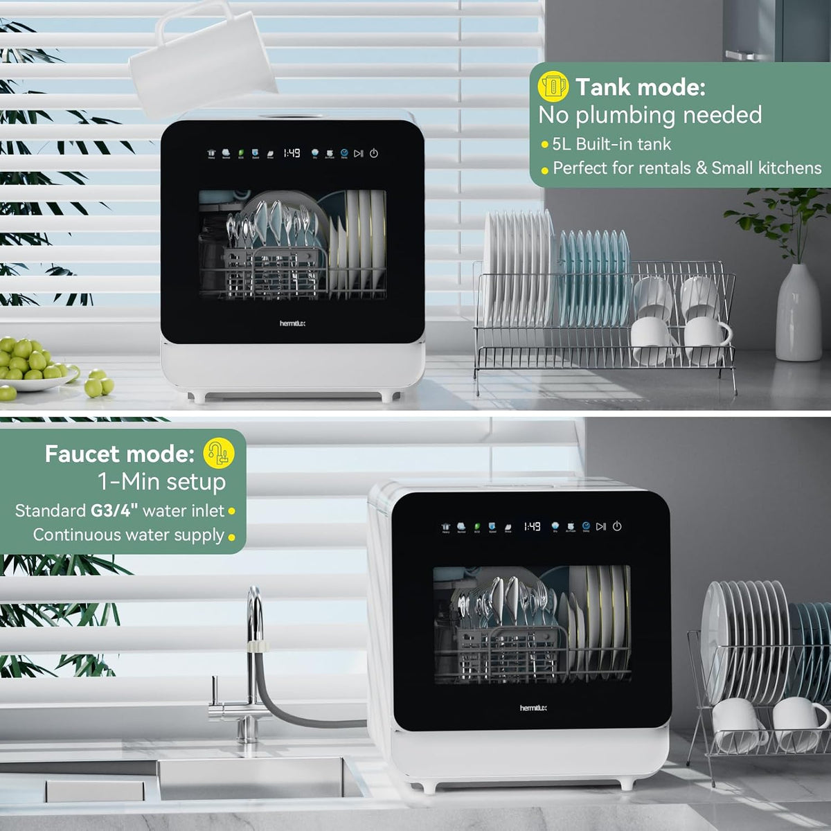 Hermitlux Countertop Dishwasher, 5 Place Settings Portable Dishwashers Mini
