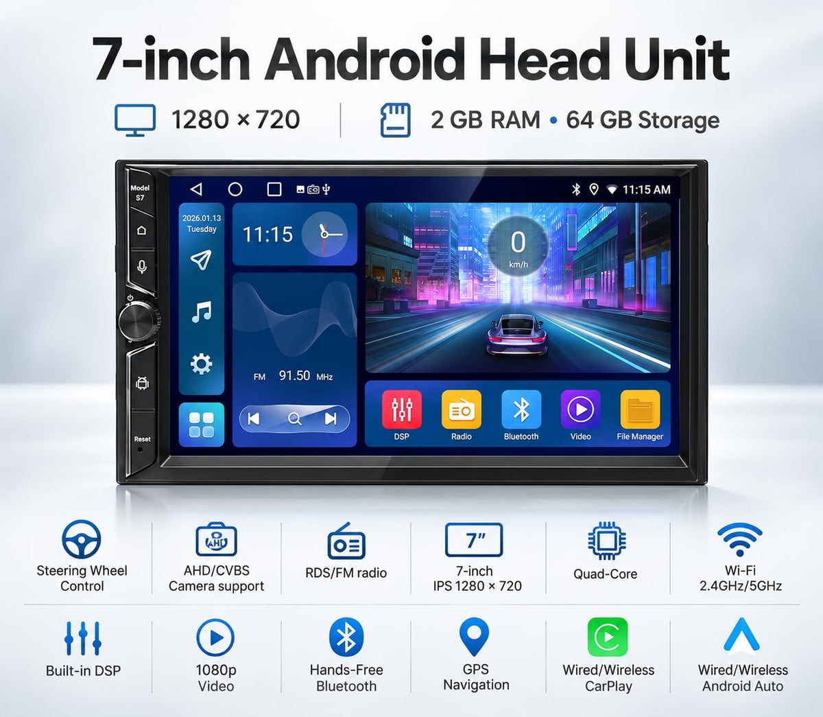Double Din Car Stereo, 7" QLED Touchscreen 1280×720, 2GB RAM 64GB ROM