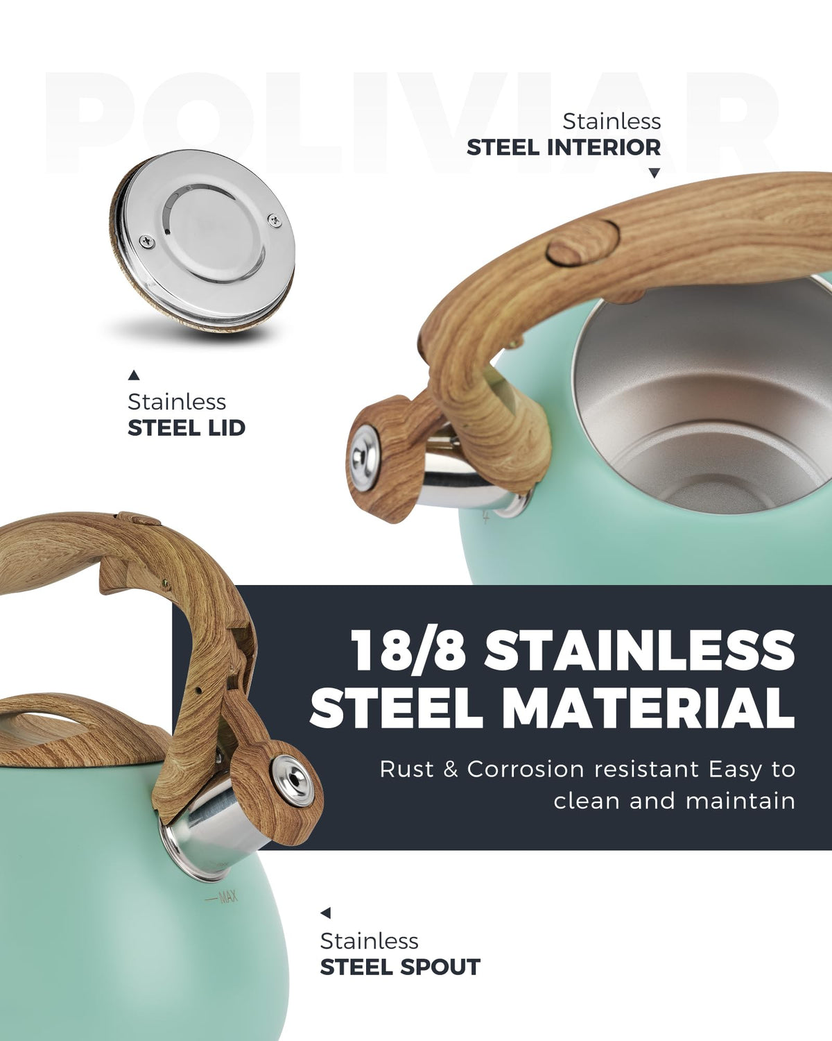POLIVIAR Tea Kettle, 2.7 Quart Natural Stone Finish with Wood Pattern Handle Loud Whistle Food Grade Stainless Steel Teapot, Anti-Hot Handle and Anti-Rust, Suitable for All Heat Sources (JX2018-GR20)