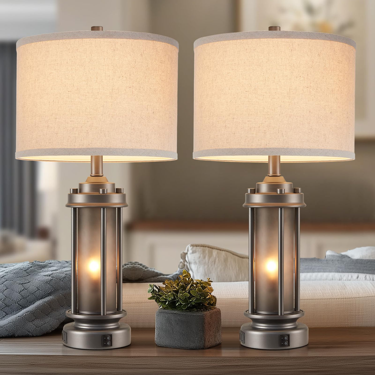 AIEAMPDO 25'' Set of 2 Farmhouse Table Lamps for Living Room with USB C+A