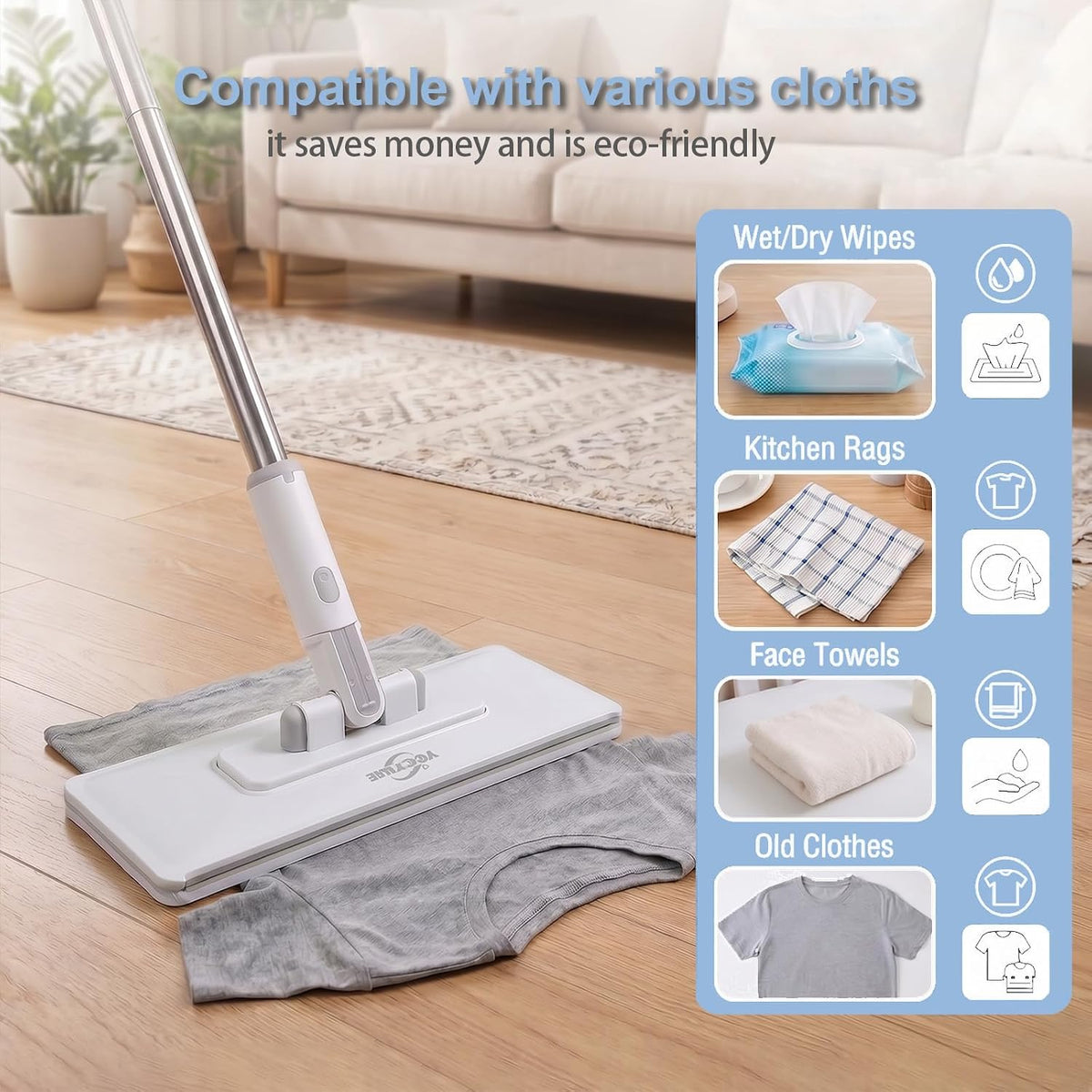 Pawnexa Mop,Clamp Mop,Hands Free Multi Purpose Flat Mops with Squeegee,Multi Function Cleaning Mops for Whole House,Shark Tooth Grip for Any Cloth,Dry and Wet Use(48”Handle,6 Cloths)