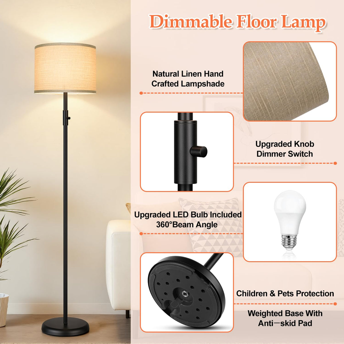 【Upgraded】 Dimmable Floor Lamp for Living Room,1000 Lumens Bulb Included, Modern Floor Lamps Simple Design with Linen Shade, Tall Standing Lamp for Bedroom Office Dining Room, Black Pole Lamp