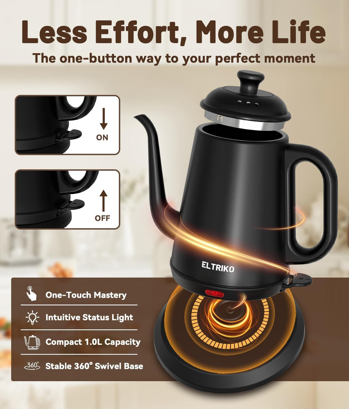 1L Gooseneck Electric Kettle for Pour Over Coffee & Tea