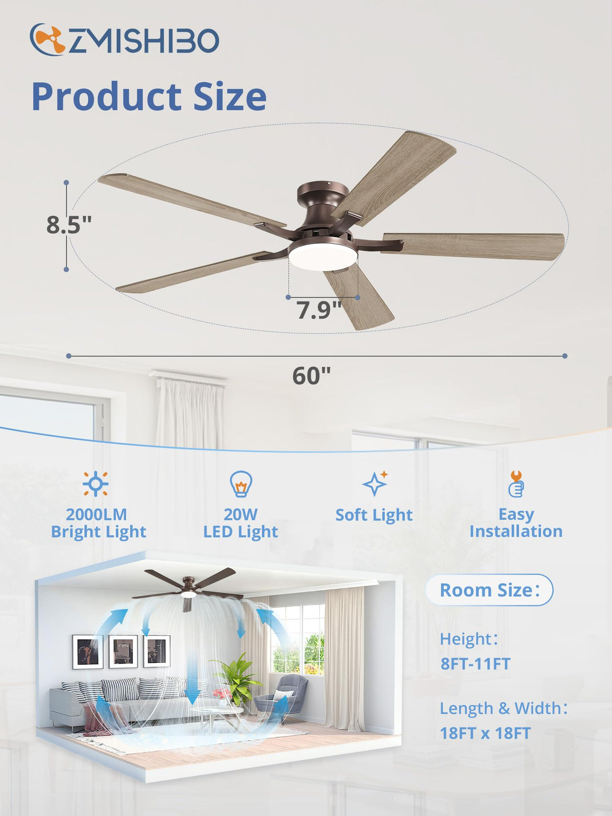 ZMISHIBO 52 Inch Ceiling Fans with Lights, Remote&App Control, Flush Mount