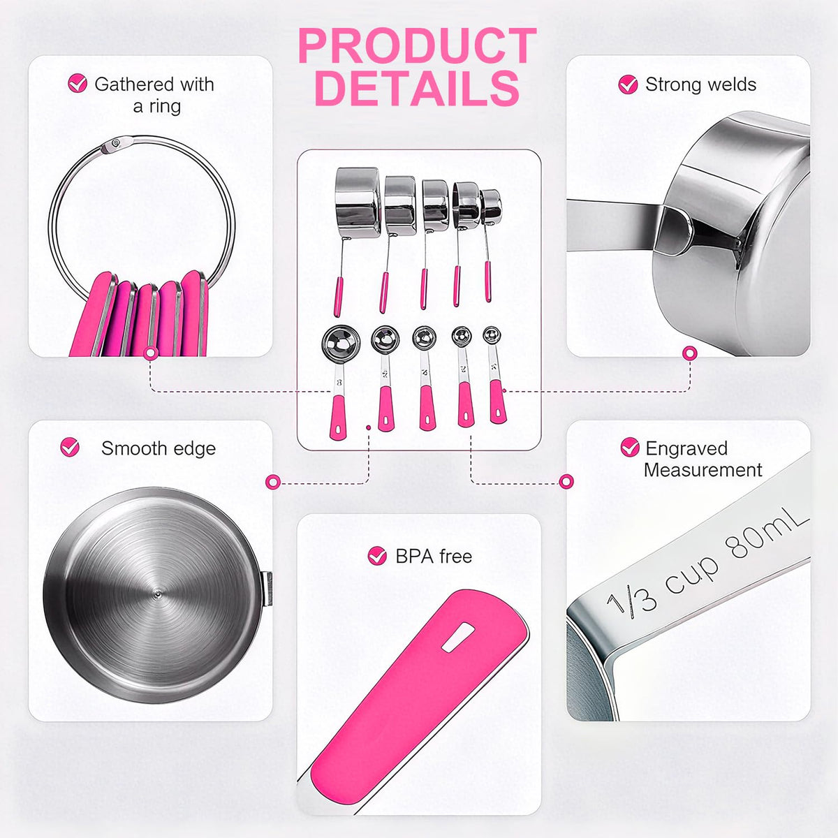 10-Pcs Stainless Steel Measuring Cups & Spoons Set, Colorful Handles