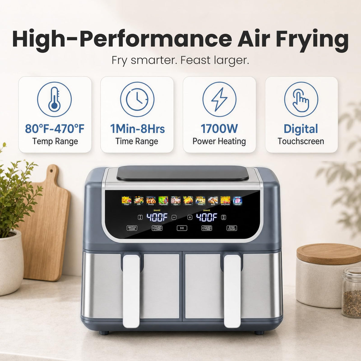 OLIXIS Dual Air Fryers with 2 Baskets 9.5 Quarts Large Airfryer 10-in-1