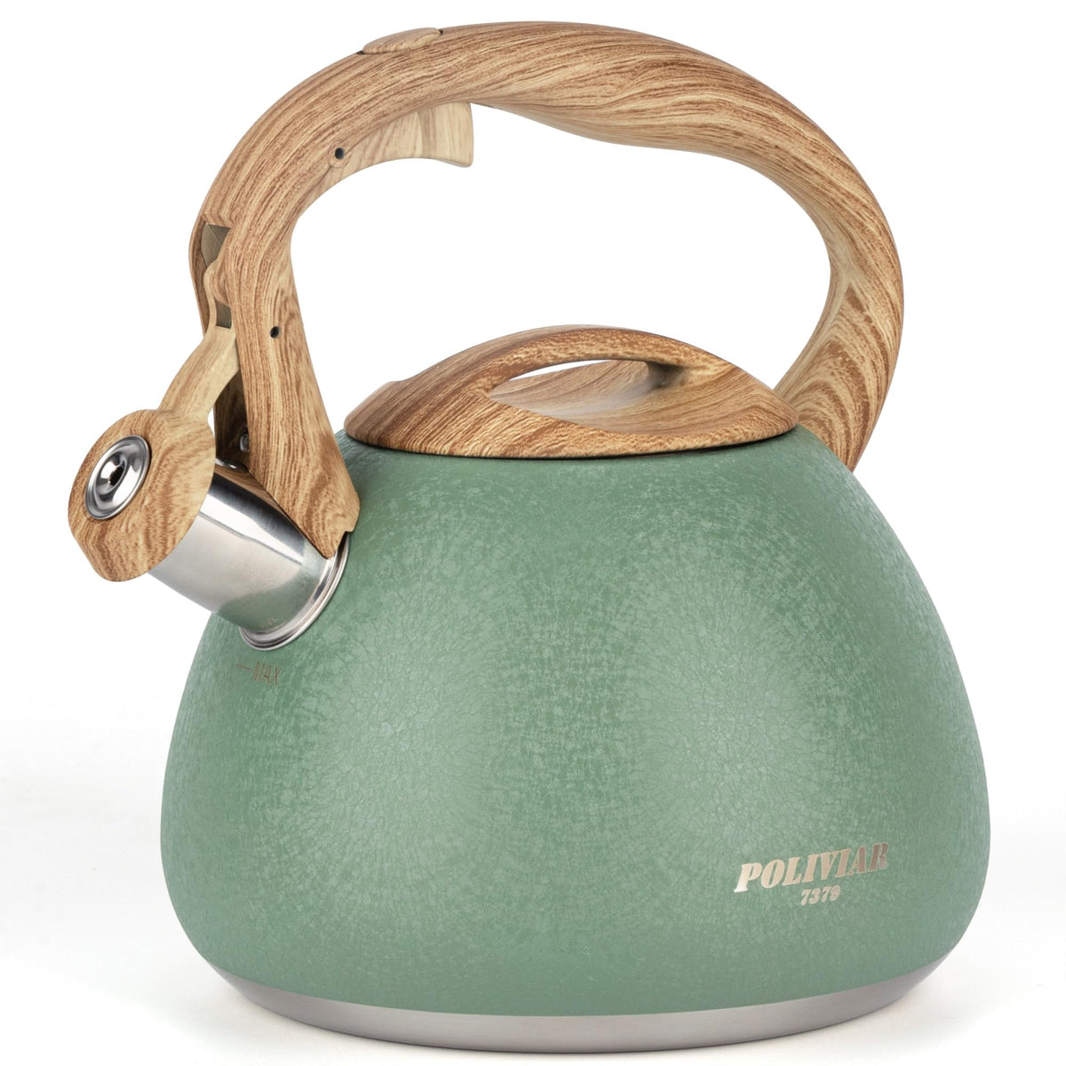 POLIVIAR Tea Kettle, 2.7 Quart Natural Stone Finish with Wood Pattern Handle Loud Whistle Food Grade Stainless Steel Teapot, Anti-Hot Handle and Anti-Rust, Suitable for All Heat Sources (JX2018-GR20)