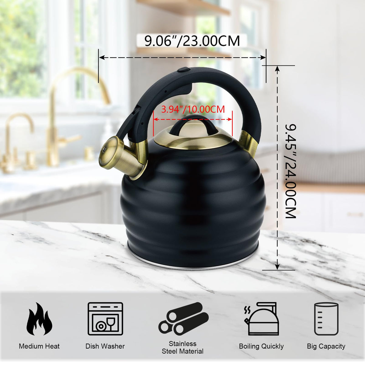 Tea Kettle for Stove Top Whistling Teapot, 3.2Q Tea Pot Stainless Steel Teakettle with Heat Proof Ergonomic Handle