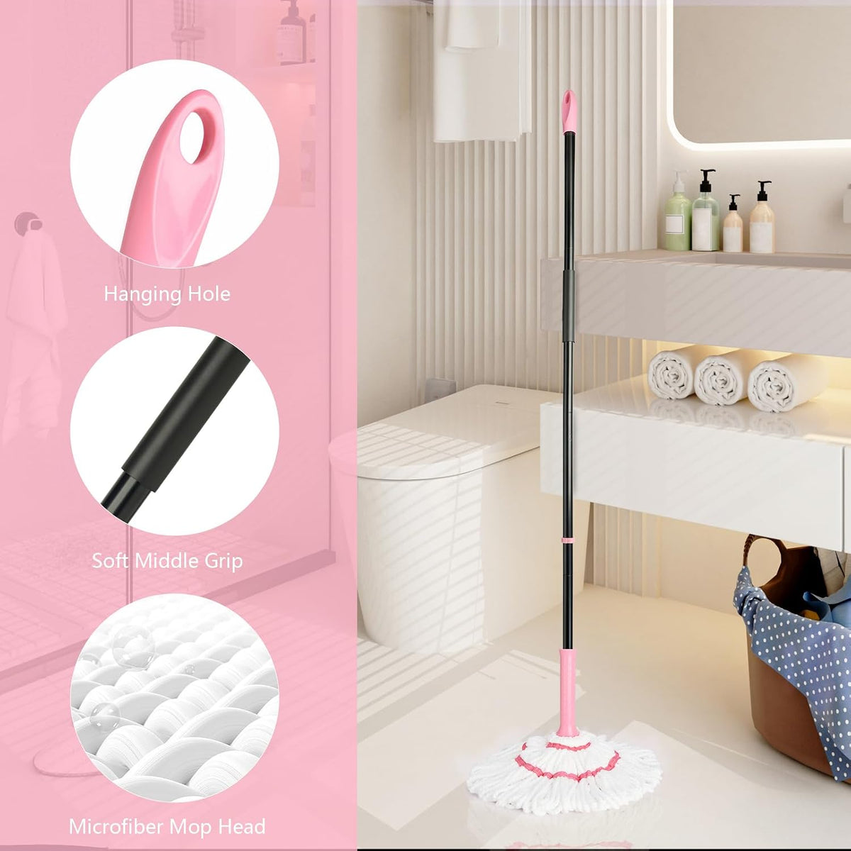 Self-Wringing Twist Mop for Floor Cleaning, 57” Long Handle Heavy Duty Microfiber Mop for Wet Mopping on Tile, Hardwood, Kitchen, Bathroom, Patio, Garage, Commercial Household Clean (Pink)
