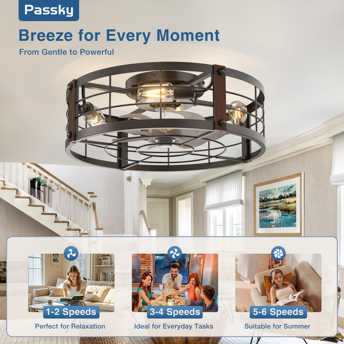 Passky 20" Caged Ceiling Fans with Lights and Remote, Low Profile Fandelier
