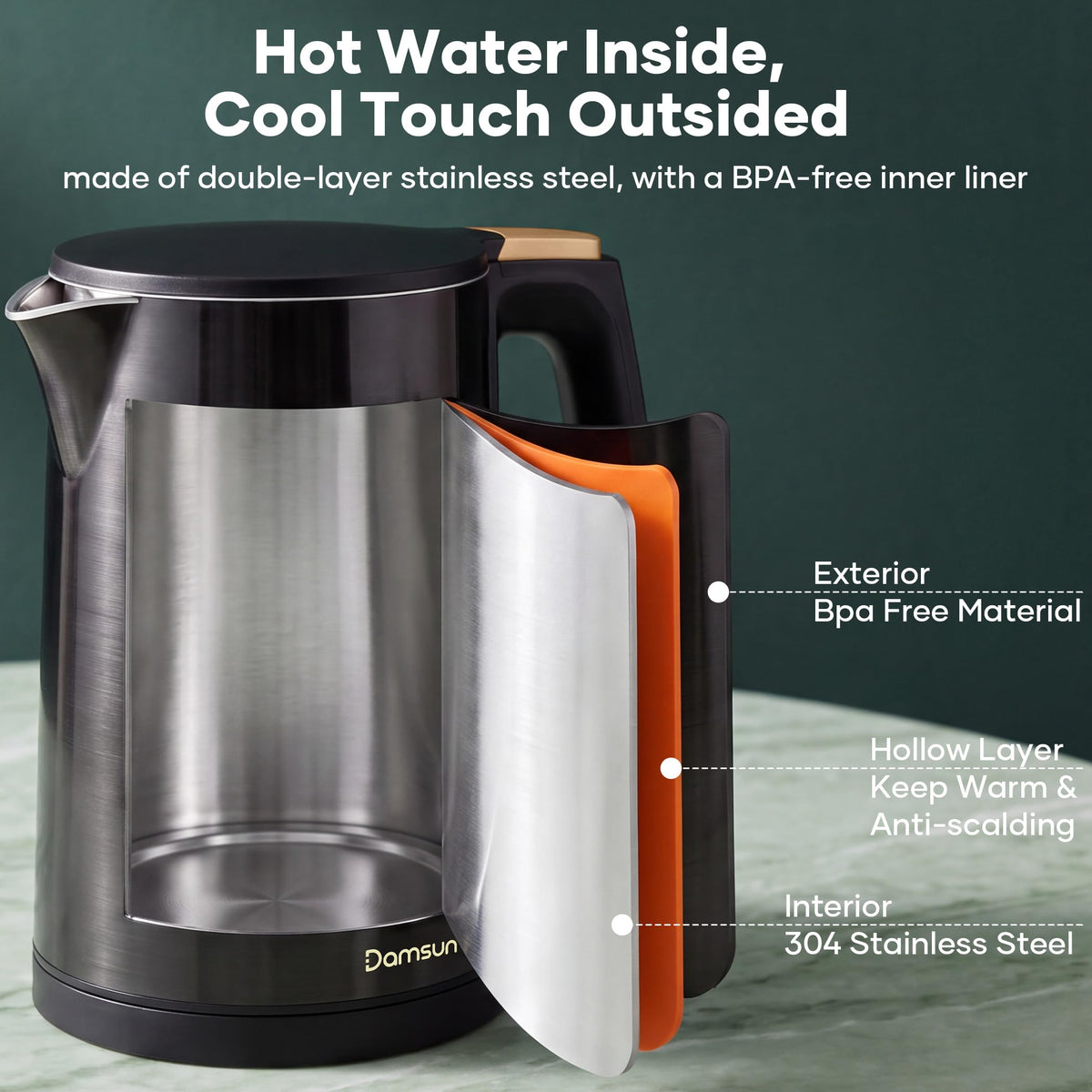 Damsun 1.7L Stainless Steel Electric Kettle, 1500W Rapid Boil, Black