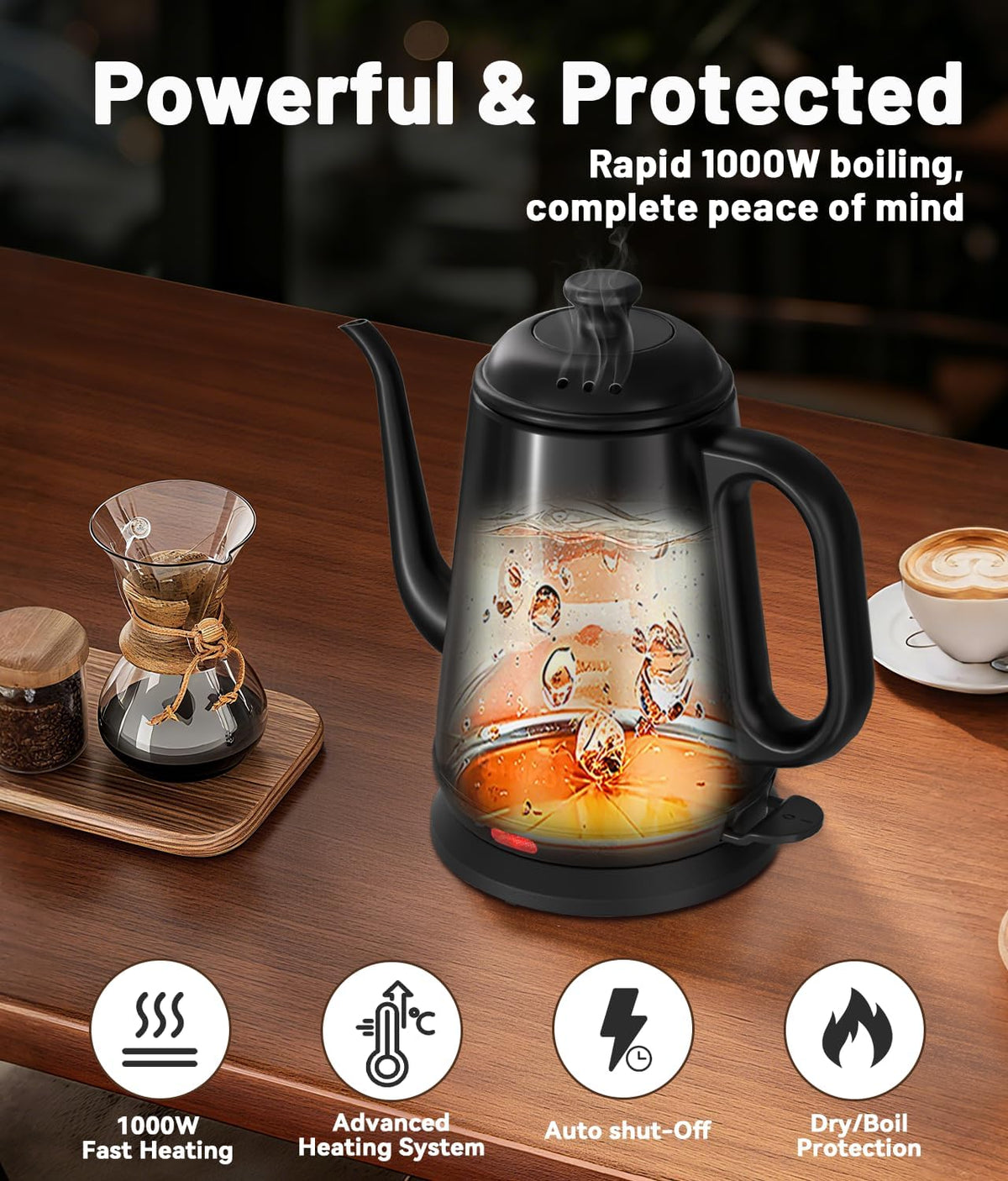 1L Gooseneck Electric Kettle for Pour Over Coffee & Tea