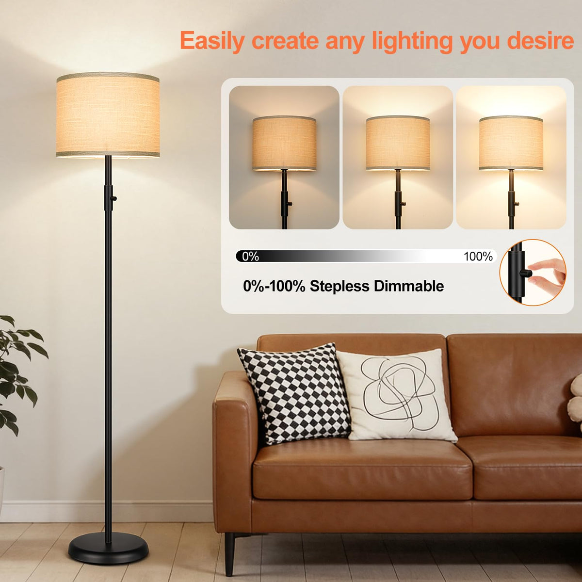 【Upgraded】 Dimmable Floor Lamp for Living Room,1000 Lumens Bulb Included, Modern Floor Lamps Simple Design with Linen Shade, Tall Standing Lamp for Bedroom Office Dining Room, Black Pole Lamp