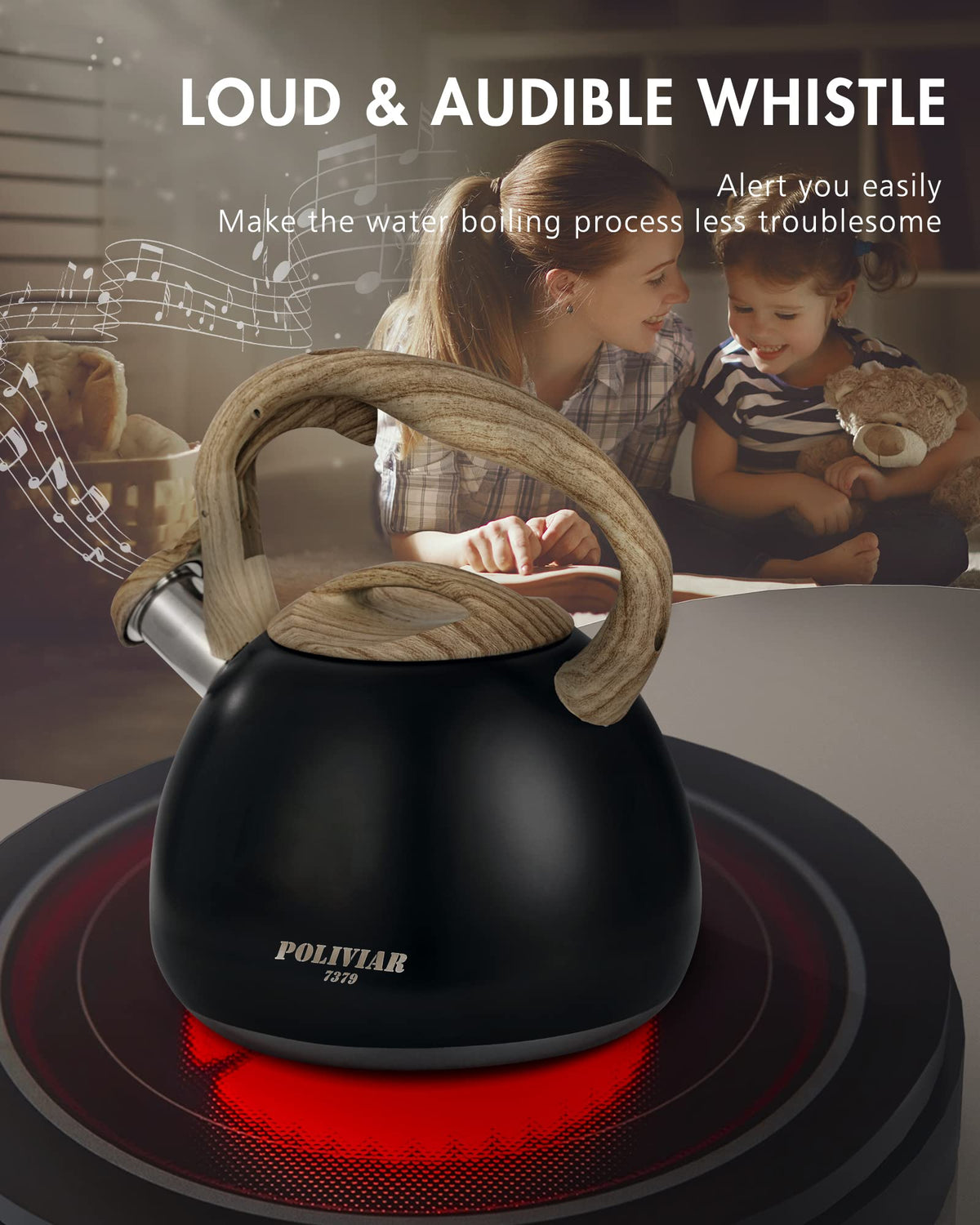 POLIVIAR Tea Kettle, 2.7 Quart Natural Stone Finish with Wood Pattern Handle Loud Whistle Food Grade Stainless Steel Teapot, Anti-Hot Handle and Anti-Rust, Suitable for All Heat Sources (JX2018-GR20)