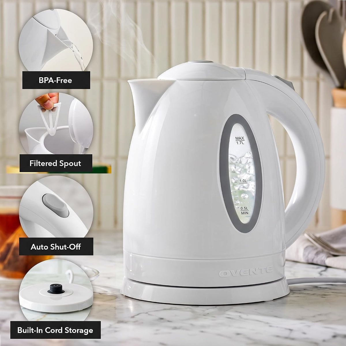 OVENTE 1.7L Electric Tea Kettle, Fast Boiling Water Heater, White KP72W