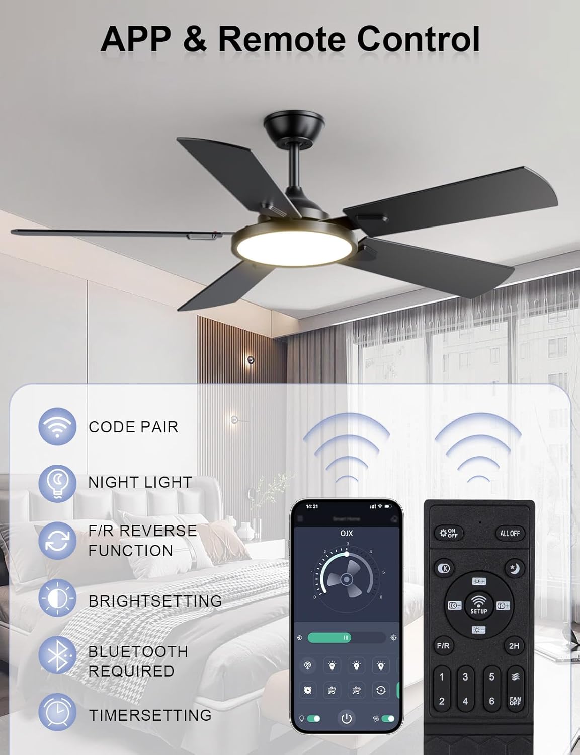 OJX 52 Inch Ceiling Fans with Lights and Remote/APP Control