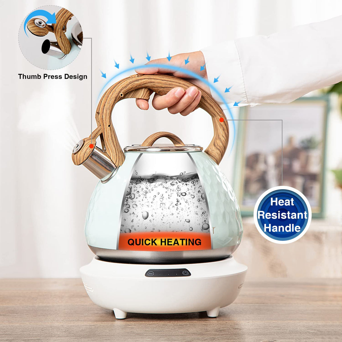 Tea Kettle, Toptier Teapot Whistling Kettle with Wood Pattern Handle Loud Whistle, Food Grade Stainless Steel Tea Pot for Stovetops Induction Water Kettle, 2.7-Quart Butterfly