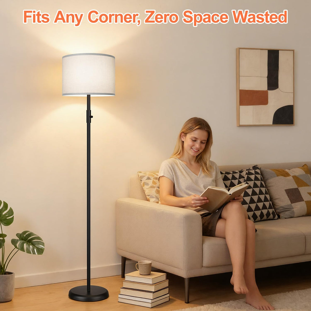 【Upgraded】 Dimmable Floor Lamp for Living Room,1000 Lumens Bulb Included, Modern Floor Lamps Simple Design with Linen Shade, Tall Standing Lamp for Bedroom Office Dining Room, Black Pole Lamp