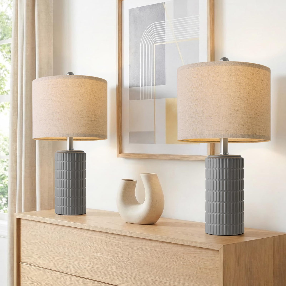 PoKat 20.75" Small Modern Ceramic Table Lamps Set of 2 for Bedroom, White