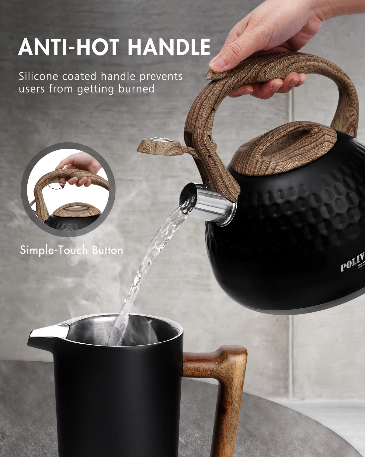 POLIVIAR Tea Kettle, 2.7 Quart Natural Stone Finish with Wood Pattern Handle Loud Whistle Food Grade Stainless Steel Teapot, Anti-Hot Handle and Anti-Rust, Suitable for All Heat Sources (JX2018-GR20)