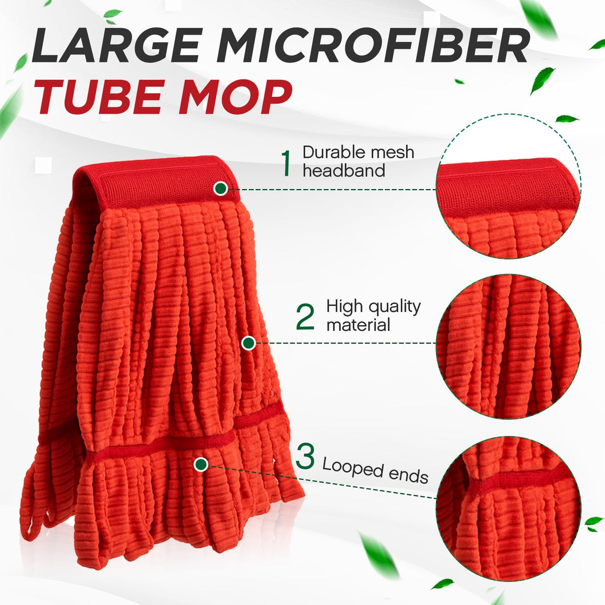 Hushee 12 Pcs Large Microfiber Tube Mop Heads 18 Oz Looped End,Green