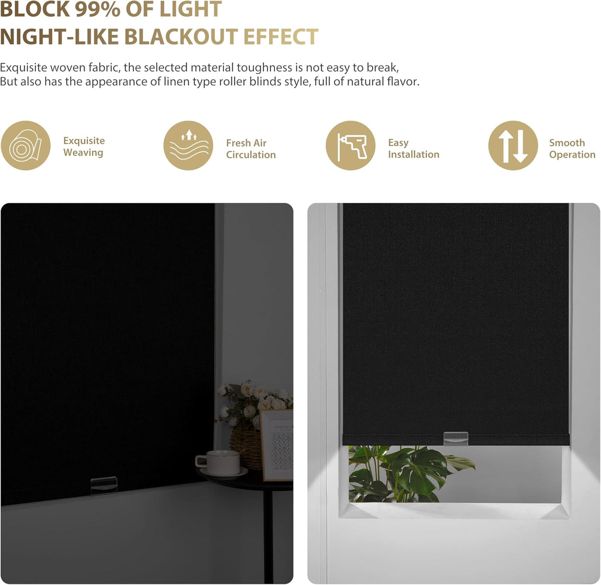 Blackout Roller Shades for Indoor Windows, Beige, Custom Size