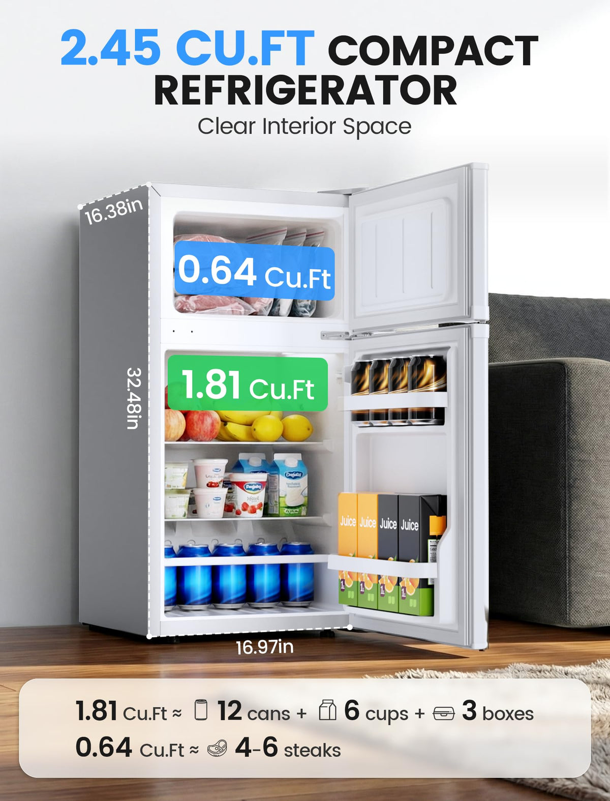 COWSAR 4.5 Cu.Ft Mini Fridge With Freezer for Bedroom Office, Black