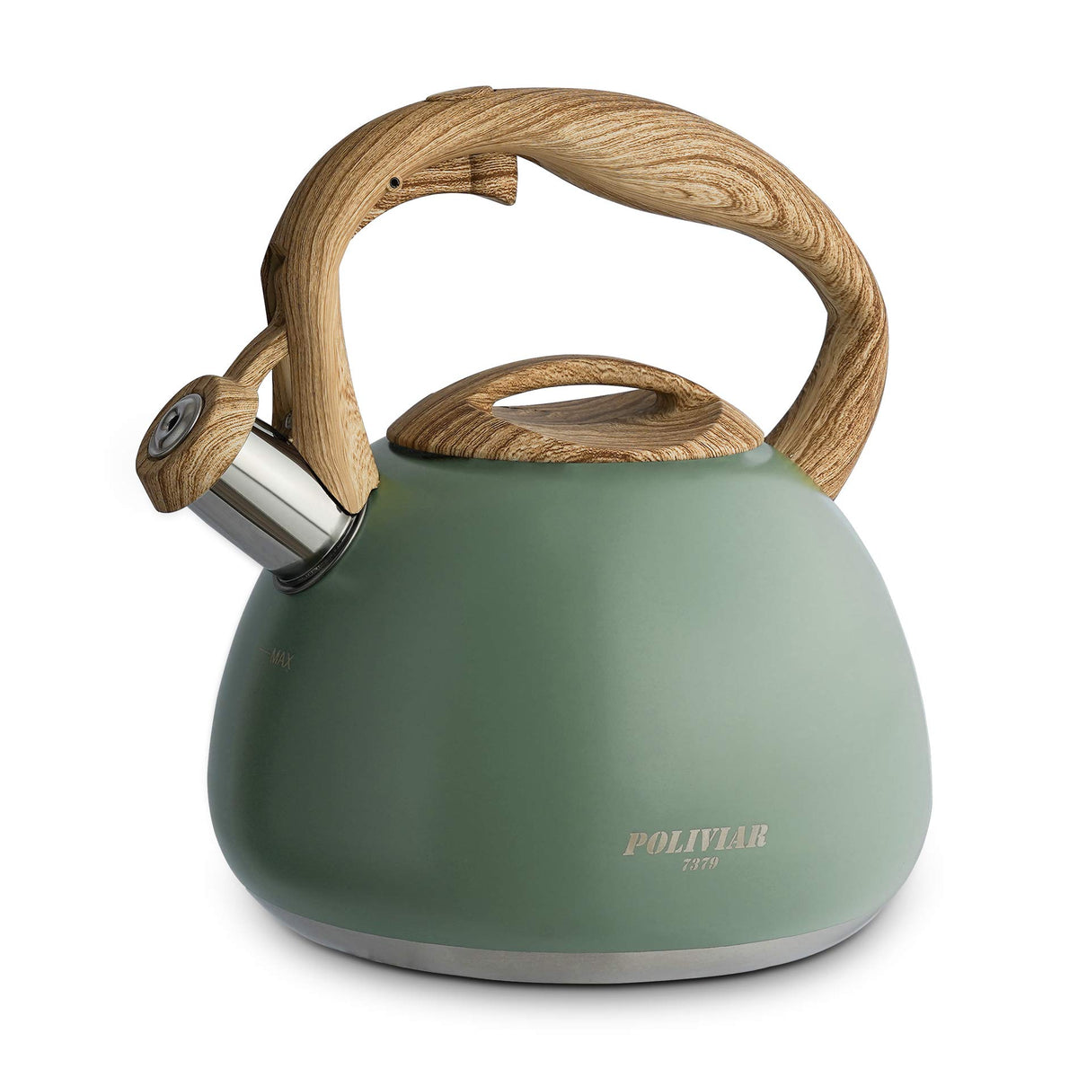 POLIVIAR Tea Kettle, 2.7 Quart Natural Stone Finish with Wood Pattern Handle Loud Whistle Food Grade Stainless Steel Teapot, Anti-Hot Handle and Anti-Rust, Suitable for All Heat Sources (JX2018-GR20)